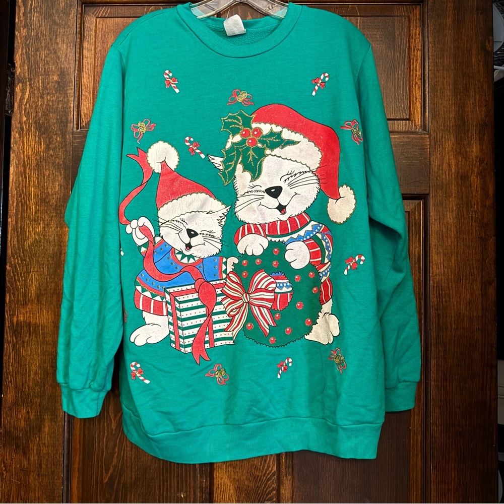 Vintage 80s/90s Ugly Christmas Sweater Holiday Cats Green Size L  Sweatshirt